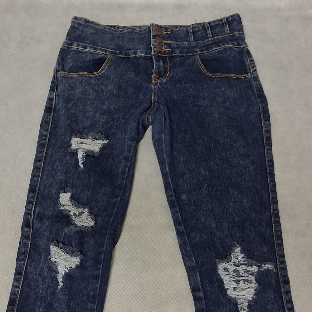 Her & Me's Skinny Blue Jeans Juniors Size 3 27x31 Dark Distressed Denim Mid Rise